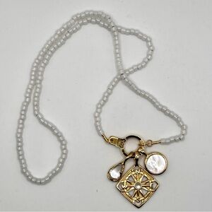 AIR & ANCHOR Custom Necklace 3 Charms Gold Tone Compass Glass Iridescent Beads